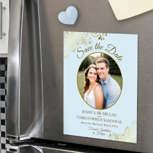 Convite Magnético Salvar a Data de Casamento em Azul Claro e Dourado