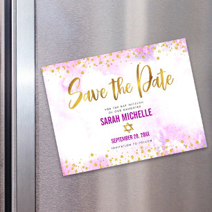 Convite Magnético Salve a Data Bat Mitzvah Dourado em Aquarela Rosa