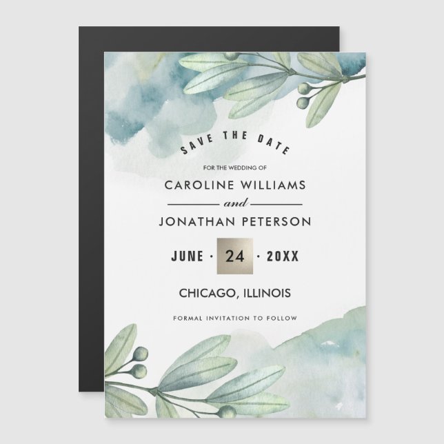 Convite Magnético Salve a data. Casamento Botânico Verde Azul (Frente/Verso)