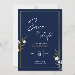 Convite Magnético Salve a Data - Floral elegante em azul naval e dou