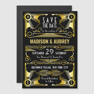 Convite Magnético Salve a data Gatsby Art Deco Dourado Preto