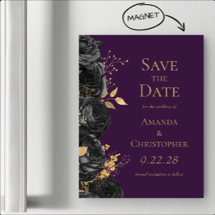 Convite Magnético Salve o Dia do Casamento Floral Roxo Ouro Negro
