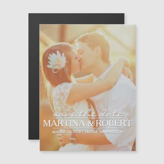 Convite Magnético Script branco manuscrito Salvar a data na vertical (Frente/Verso)