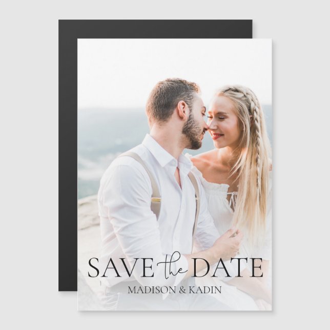 Convite Magnético Script Elegante de Foto do Noivado de Data de Salv (Frente/Verso)