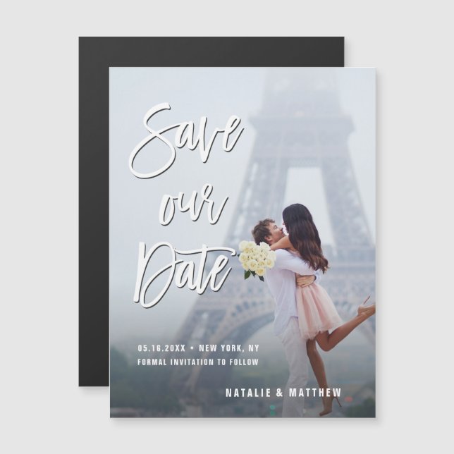 Convite Magnético Script manuscrito branco Salvar nossa foto de data (Frente/Verso)