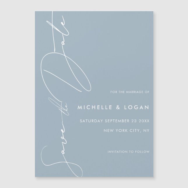 Convite Magnético Script Moderno Azul Simples Dusty Salvar a Data (Frente)