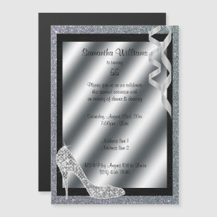 Convite Magnético Silver Glittery Stiletto & Streamers 55. º Aniver