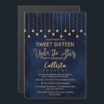 Convite Magnético Sob o Marinho das estrelas Blue Dourado Sparkles S<br><div class="desc">Este elegante e chico, "Sob as Estrelas", tipografia Doce Dezesseis festa de aniversário é o perfeito para uma bela festa ao ar livre. O convite é escrito para uma festa de dança e janto, mas o texto pode ser alterado para descrever um filme ao ar livre, um churrasco, um grupo...</div>