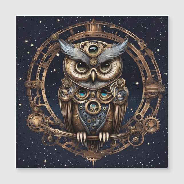 Convite Magnético Steampunk Owl contra o céu estrelado (Frente)