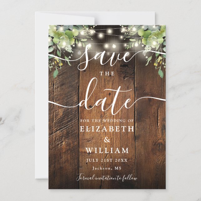 Convite Magnético String Lights Greenery Wood Wedding Save The Date (Frente)