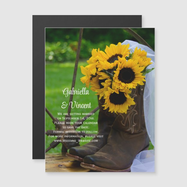 Convite Magnético Sunflower e Cowboy Boots Casamento Salvar Data (Frente/Verso)