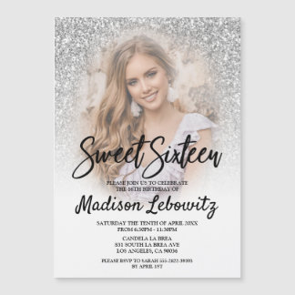 Convite Magnético Sweet 16 Elegant Silver & White Magnetic Invite