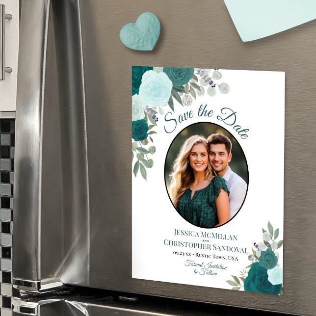 Convite Magnético Teal Boho Floral & Photo Wedding (Casamento de Tea (Magnetic Card for Easy Display!)