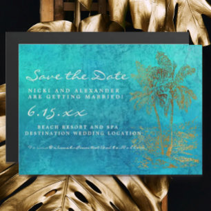 Convite Magnético Teal Dourado Palm Trees Casamento Data de Salvamen