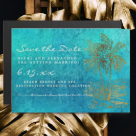 Convite Magnético Teal Dourado Palm Trees Casamento Data de Salvamen