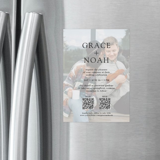 Convite Magnético Texto Clássico Simples 2 Foto QR RSVP Casamento (Criador carregado)