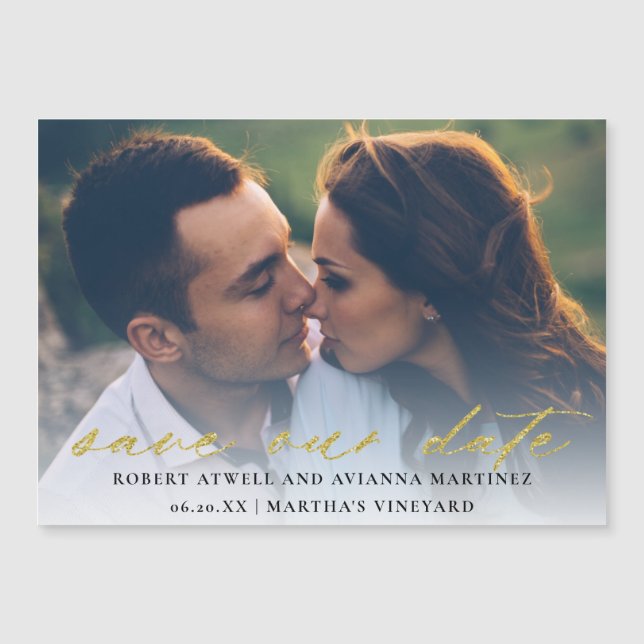 Convite Magnético Texto Dourado Elegante Casamento Fotográfico Salva (Frente)
