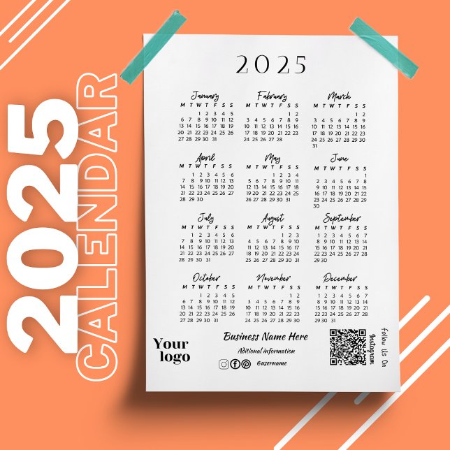 Convite Magnético Tipografia de Script de Calendário 2025 Anos Branc (2025 Year Calendar Script Typography White Magnetic Invitation)
