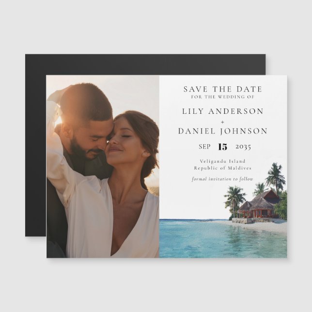 Convite Magnético Tropical Beach Photo Wedding Save The Date (Frente/Verso)