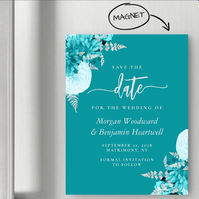 Convite Magnético Turquoise Silver Floral Wedding Save the Date (Criador carregado)