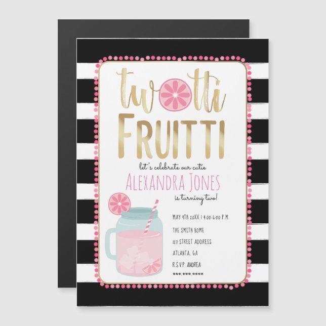 Convite Magnético Twotti Fruitti Pink Lemon Black + White Birday (Frente/Verso)