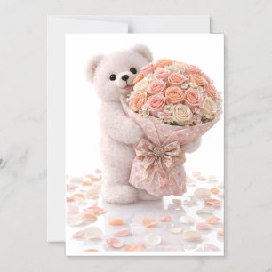 Convite Magnético Ursa de pelúcia fofa segurando um buquê de rosas c