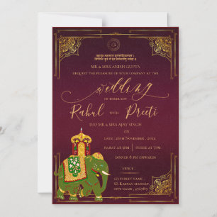 Convite Magnético Vermelho Vibrante Dourado com o casamento índio de