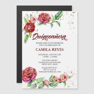 Convite Magnético Vintage Rosa vermelha Rosebuds Rosa Quinceanera Fl