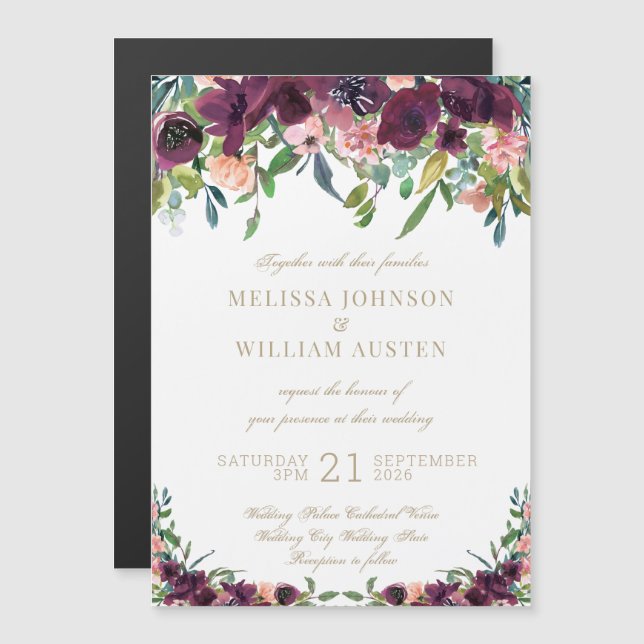 Convite Magnético Watercolor Burgundy Ivory Floral Wedding (Frente/Verso)