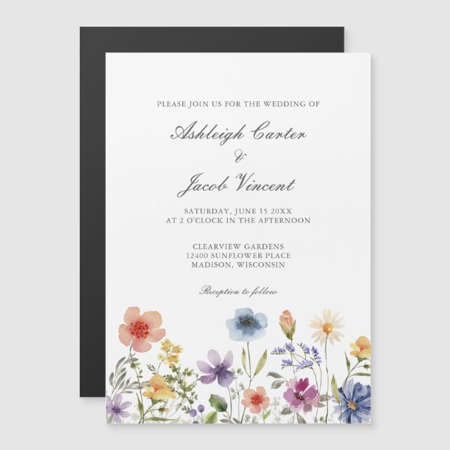 Convite Magnético Watercolor Wildflower Pretty Spring Garden Wedding (Frente/Verso)