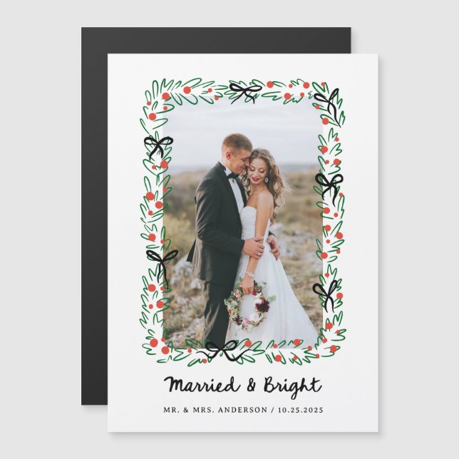 Convite Magnético Whimsical Frame and Bow | Photo Married and Bright (Frente/Verso)