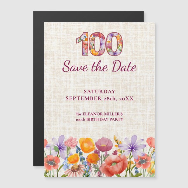 Convite Magnético Wildflower 100th Birthday Save the Date (Frente/Verso)