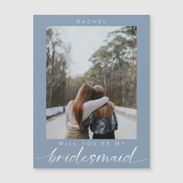Convite Magnético Will you be my Bridesmaid Minimal Photo Dusty Blue (Frente)