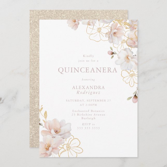 Convite Magnífico Blush e Dourada Quinceanera Encantada (Frente/Verso)