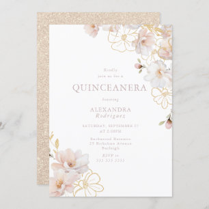 Convite Magnífico Blush e Dourada Quinceanera Encantada