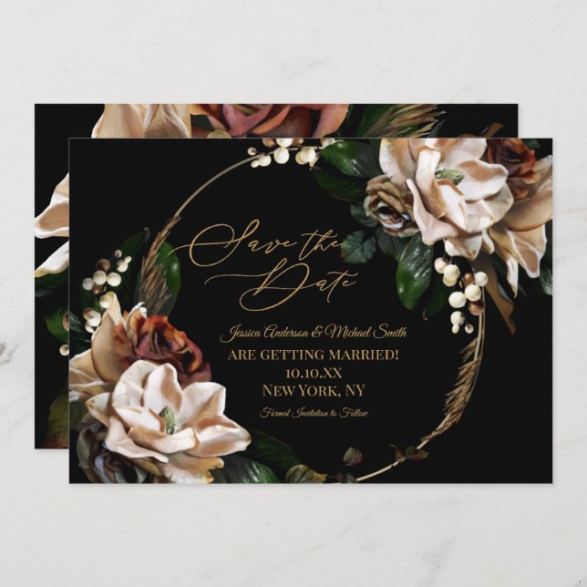 Convite Magnolia Black Dourada Wreath Floral Salvar Data e (Frente/Verso)