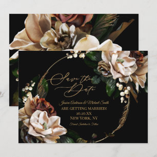 Convite Magnolia Black Dourada Wreath Floral Salvar Data e
