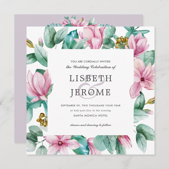 Convite Magnolia Bloom | Todos num casamento botânico (Frente/Verso)