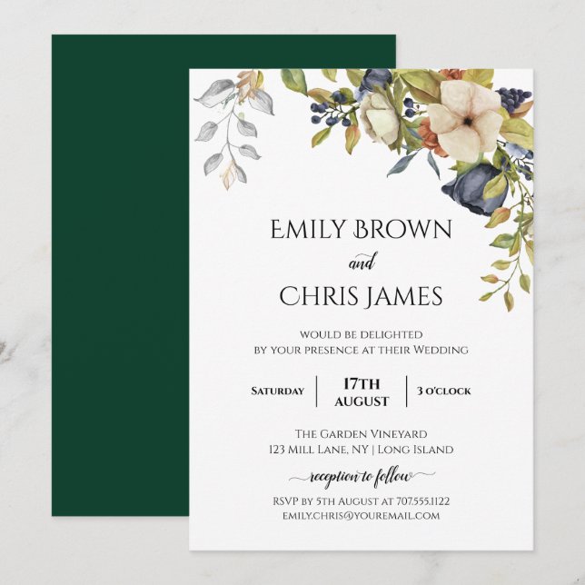 Convite Magnolia Blossomas | Elegante Violet Floral Greene (Frente/Verso)
