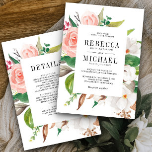 Convite Magnólia Branca Floral Rosa Tudo em Um Casamento