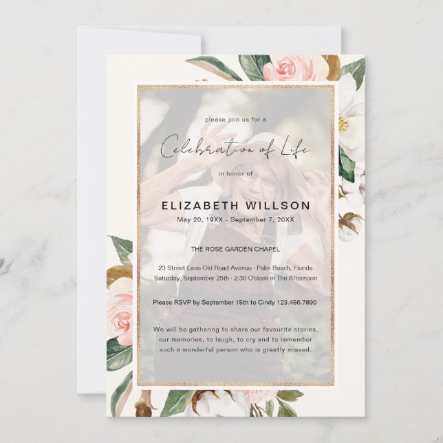 Convite Magnolia Celebração Floral da Vida Foto Funeral (Frente)