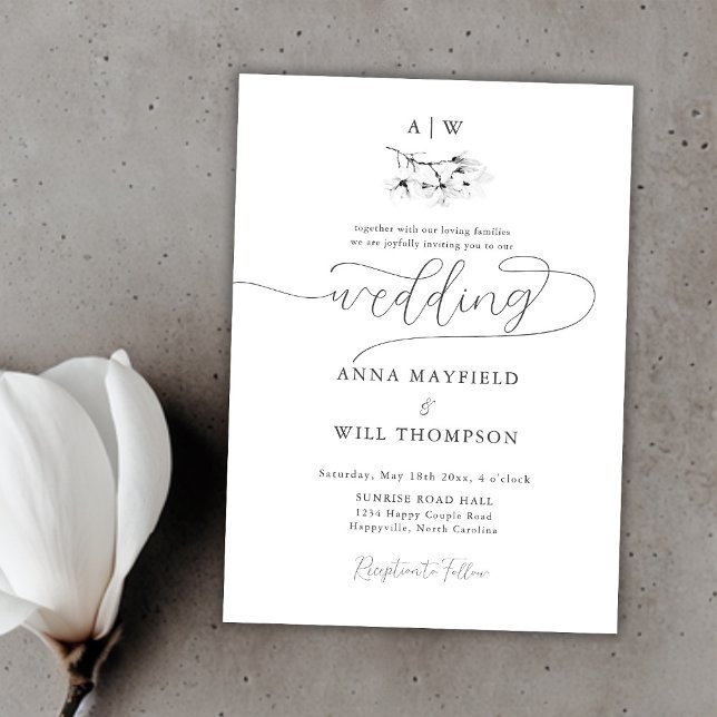 Convite Magnolia Crest Casamento da Caligrafia Moderna Ele (Classic Magnolia Wedding Crest Black White Elegant Invitation)
