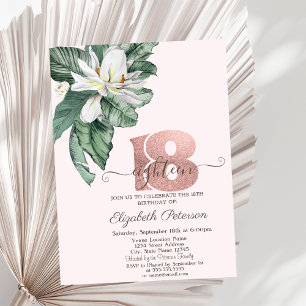 Convite Magnólia de Folhas Tropicais Rosa Aniversário de 1