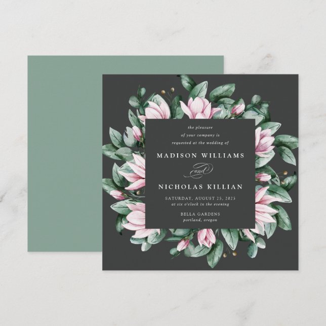 Convite Magnolia e Eucalyptus | Casamento quadrado (Frente/Verso)