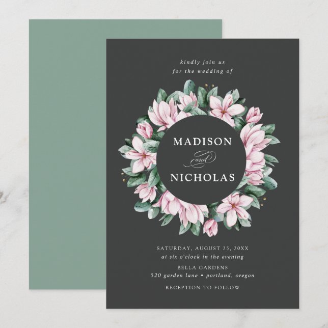 Convite Magnolia e Eucalyptus | Floral Wreath Wedding (Frente/Verso)