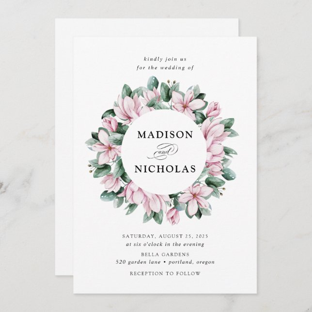 Convite Magnolia e Eucalyptus | Floral Wreath Wedding (Frente/Verso)