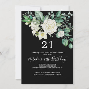 Convite Magnólia Elegante   Aniversário de 21 anos Preto e