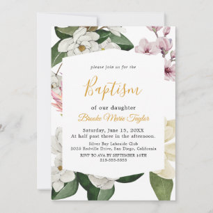 Convite Magnólia Elegante Batismo Branco e Blush