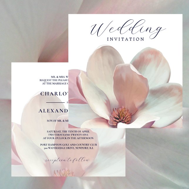 Convite Magnolia Elegante, Casamento Rosa e Branco (Elegant Magnolia Pink and White Wedding Invitation 1)