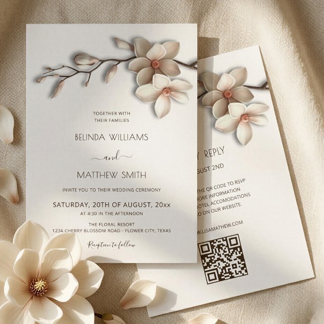Convite Magnólia Flor 3D Branco de Marfim Casamento Minima (Criador carregado)